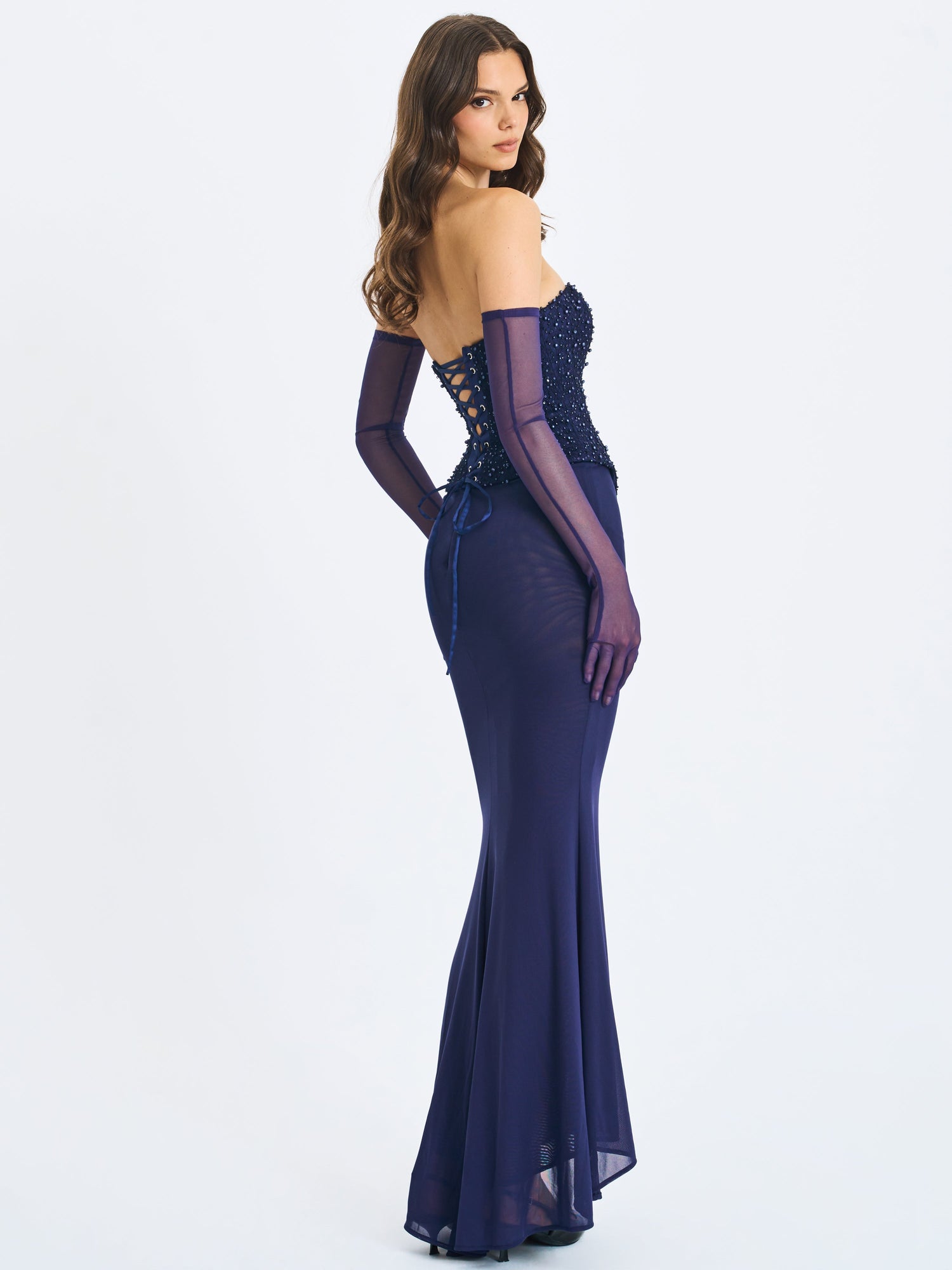 Orabelle Beaded Peplum Mermaid Maxi Gown with Lace-up Back | Navy