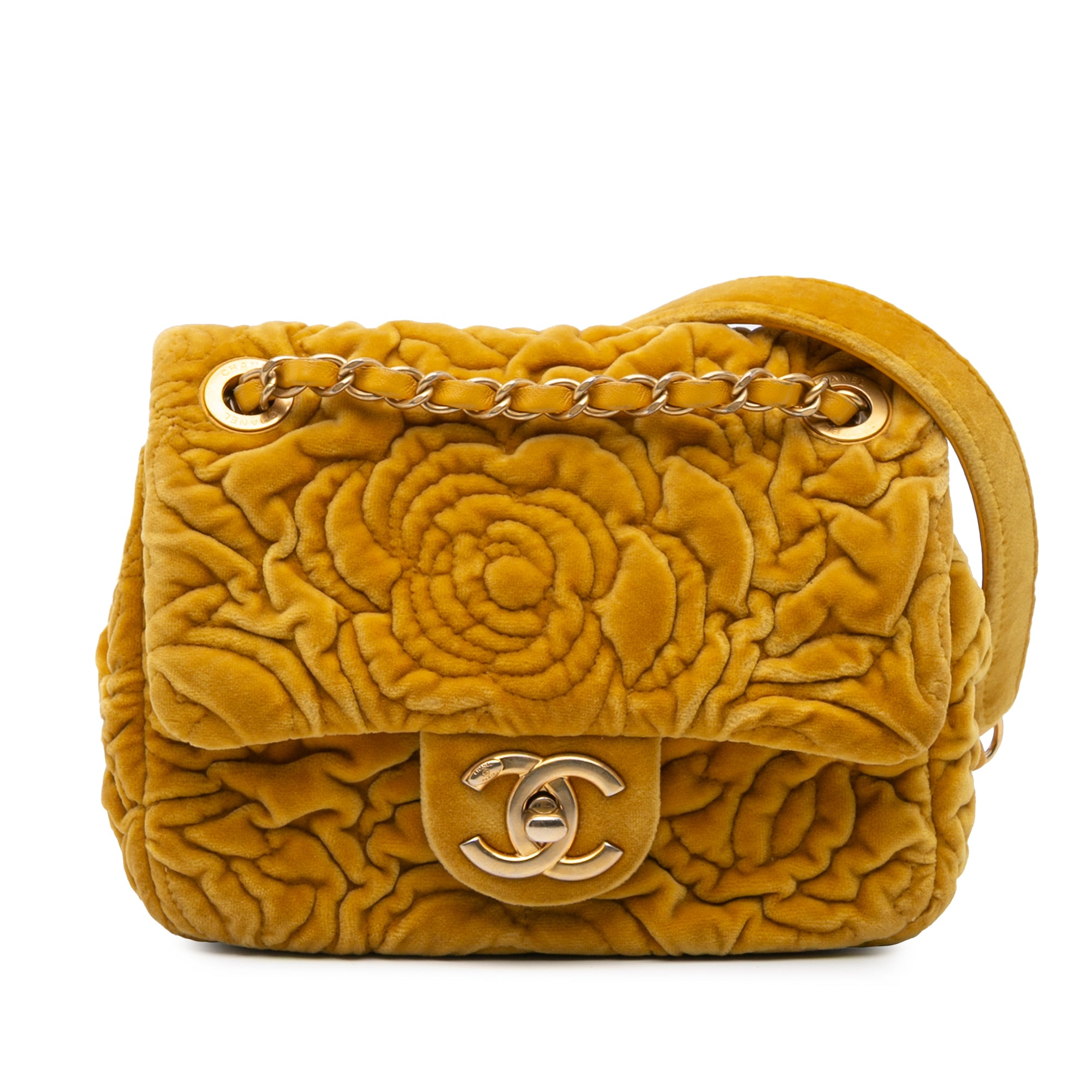 Chanel | Pre-Owned Mini Square Velvet Camellia Embossed Flap | Yellow/Mustard