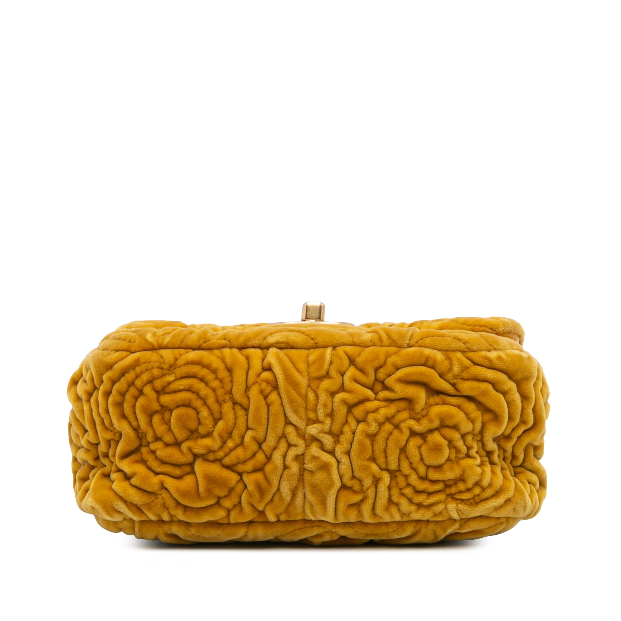 Chanel | Pre-Owned Mini Square Velvet Camellia Embossed Flap | Yellow/Mustard
