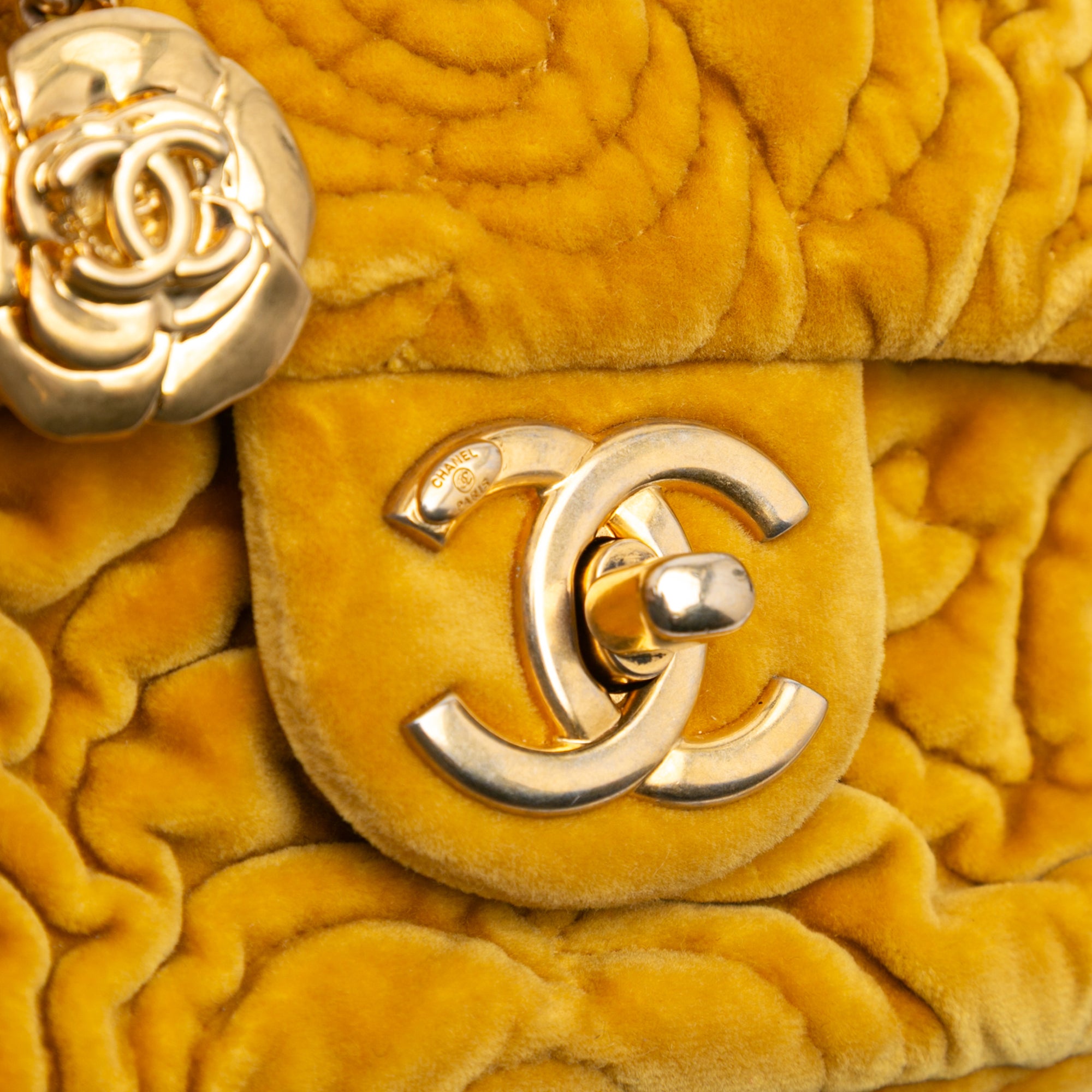 Chanel | Pre-Owned Mini Square Velvet Camellia Embossed Flap | Yellow/Mustard