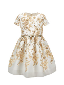 Girls | Mikado Dress With Ramage Print | Cream/Gold