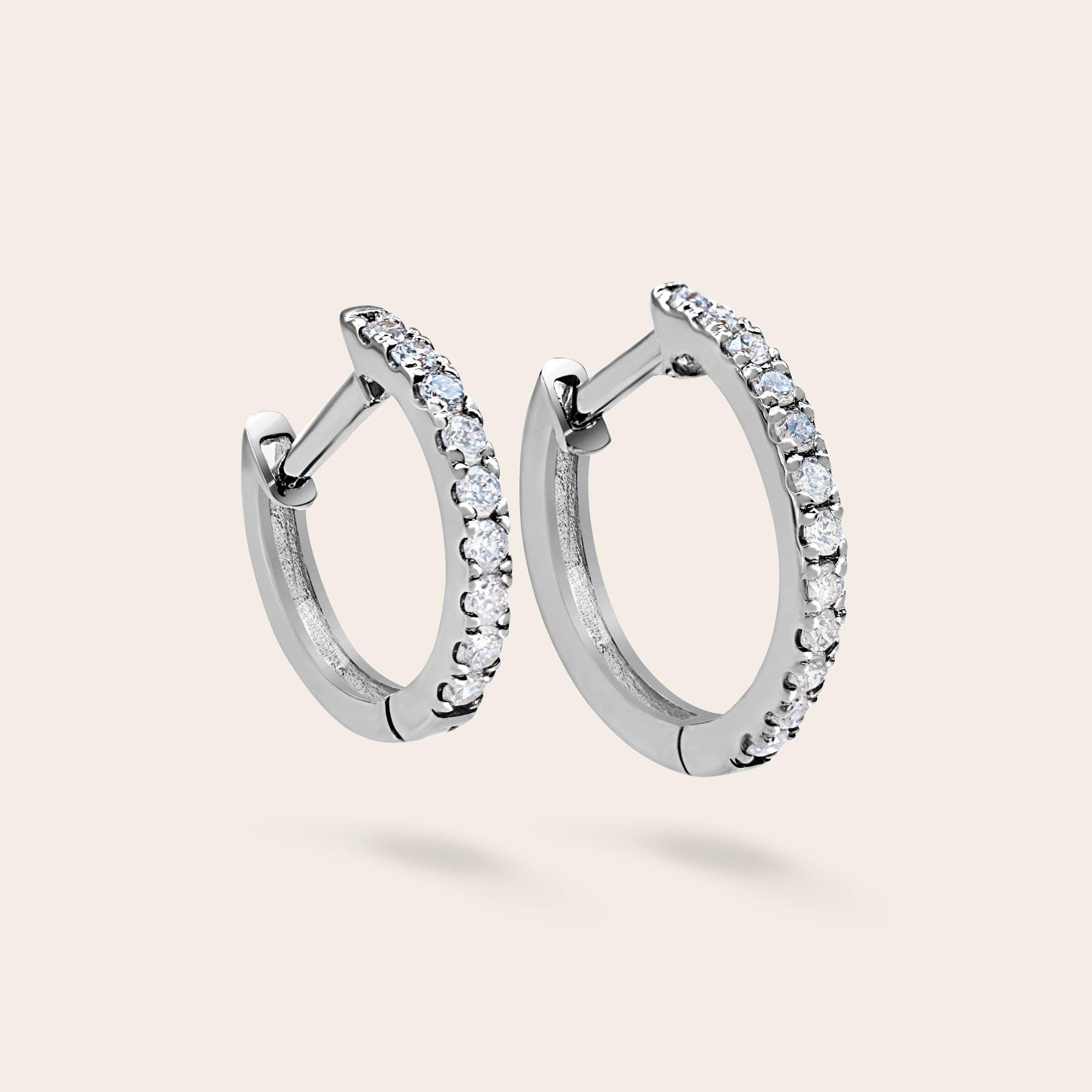 Womens | 14K Solid White Gold | Half Pave Huggie Earrings | 0.20 CTW Diamonds