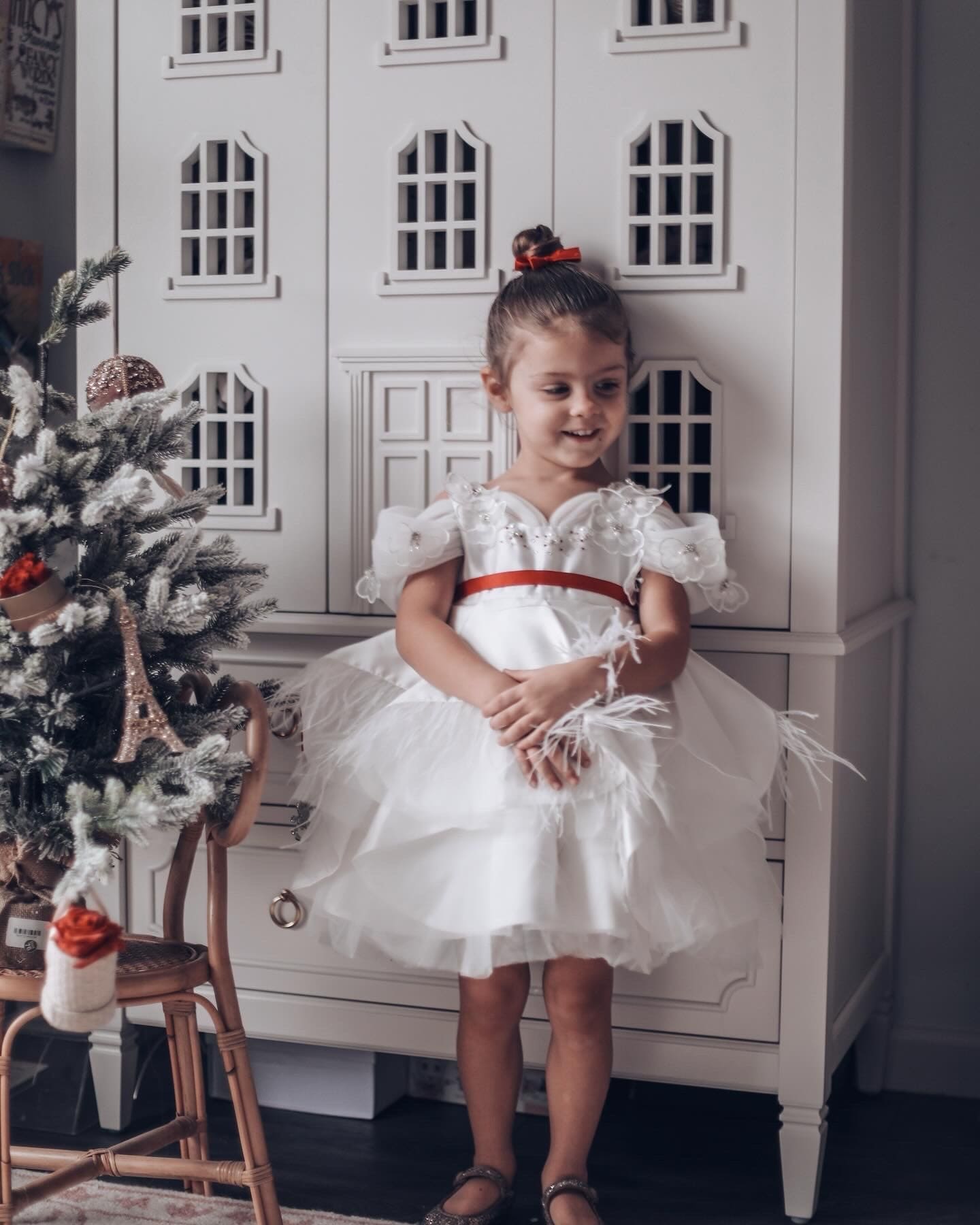 Constanza White Ceremony  Dress with Red Bow | Red