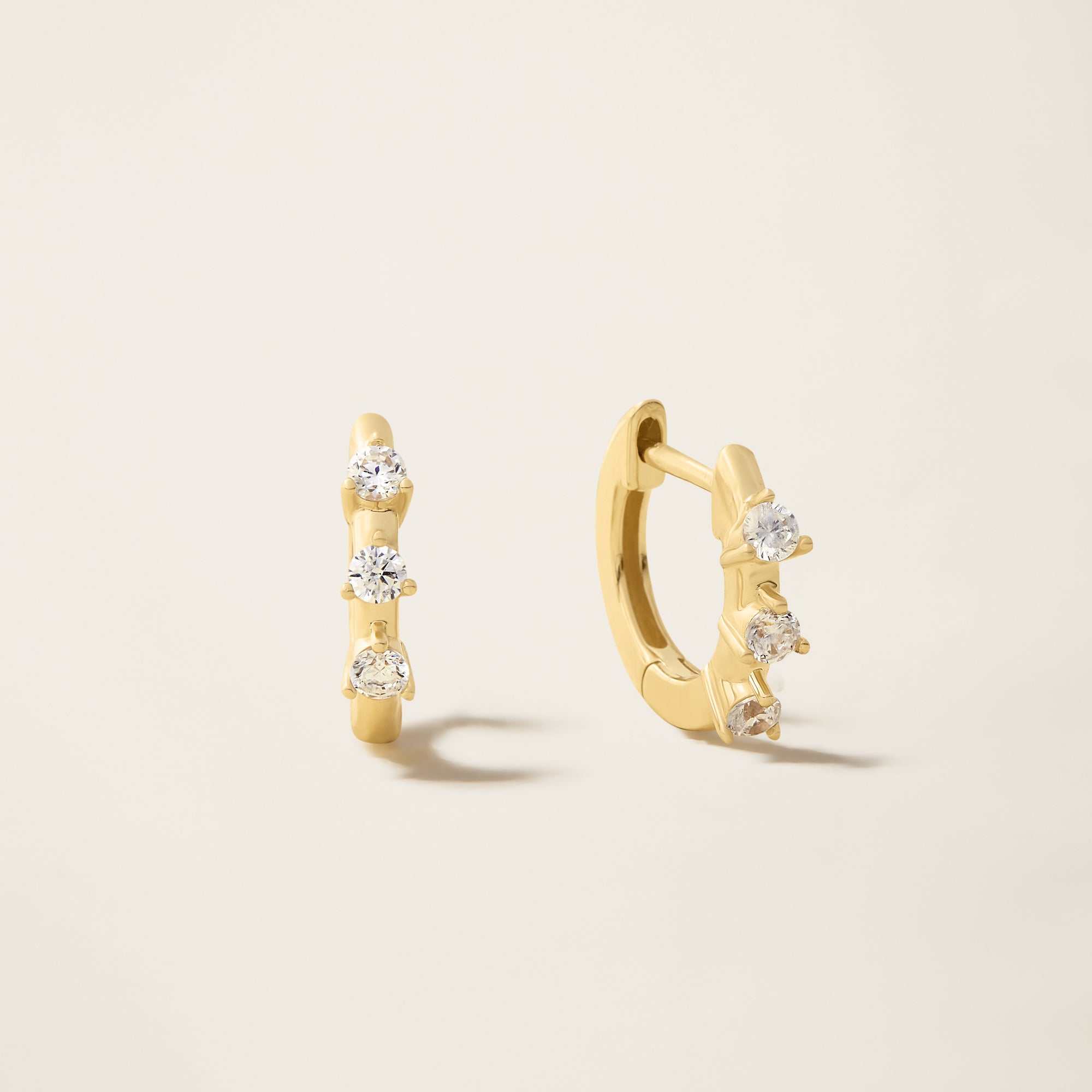 Womens | 14K Solid Yellow Gold | Three-Stone Huggie Earrings | 0.24 CTW Diamonds