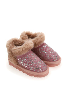 Girls | Flat Crusted Leather Boots With Rhinestones | Blush Rose