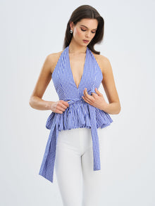 Ilene Blue Gingham Cotton Bubble Hem Halter Top | Baby Blue Gingham