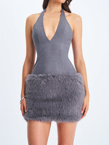 Daisy Drop Waist Fur Trim Halter Mini Dress | Grey