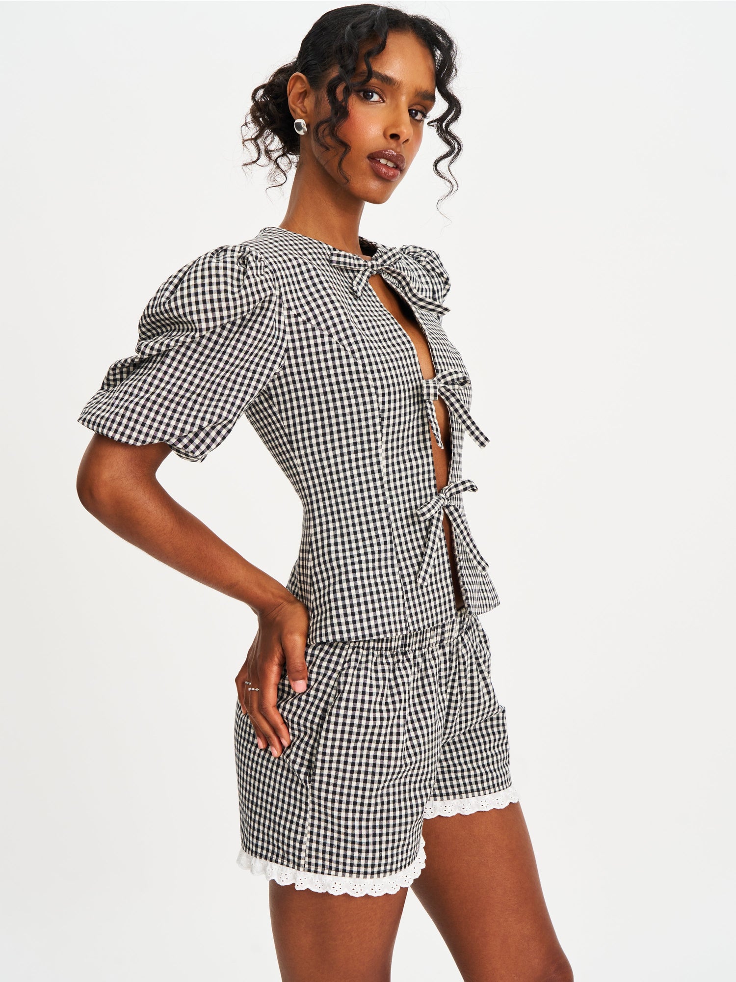 Qutayla Cotton Lace Trim Shorts | Black Gingham