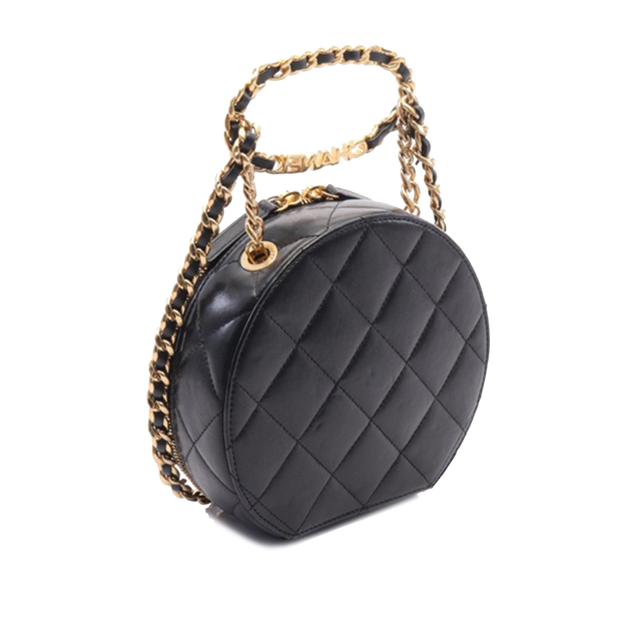 Chanel | Pre-Owned Quilted Lambskin Oval Logo Chain Top Handle Round Clutch on Chain | Black