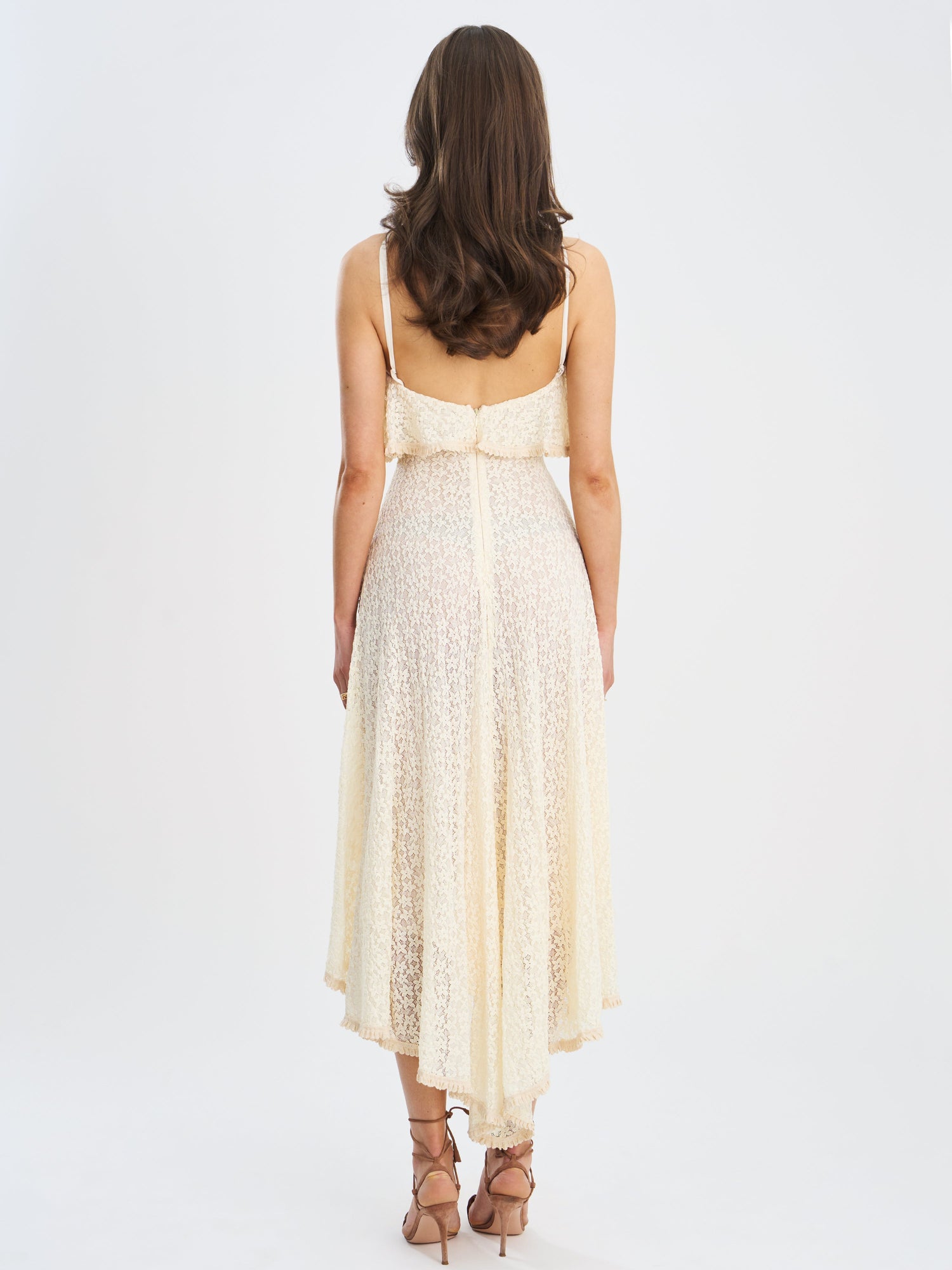 Idra Lace Trim Sleeveless Crochet Midi Trailing Dress | Beige