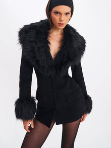 Hailee Single Breasted Wool Blend Mini Coat with Removable Fur Lapel | Black