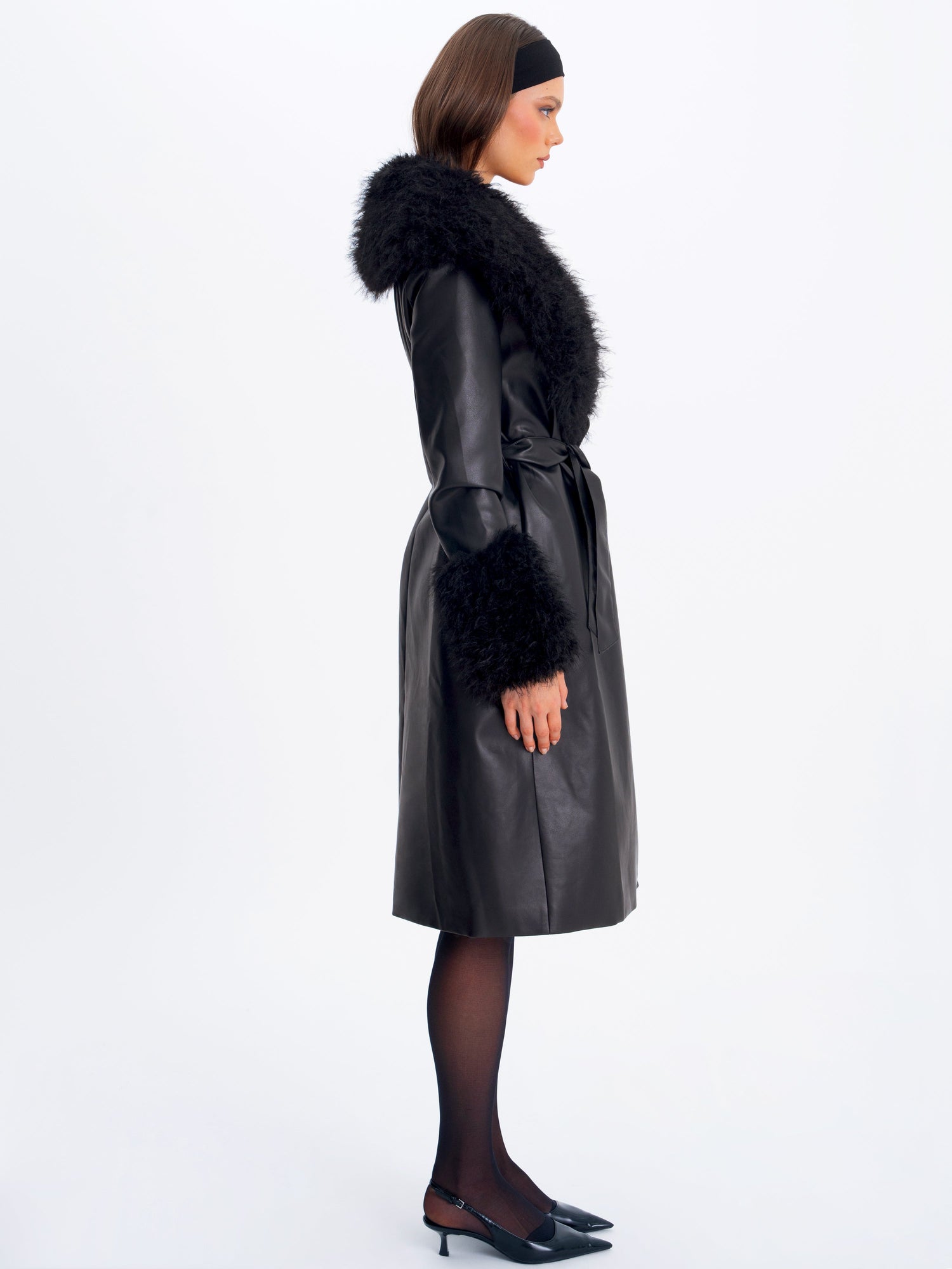 Zariah Faux Fur Trimmed Longline Coat | Black