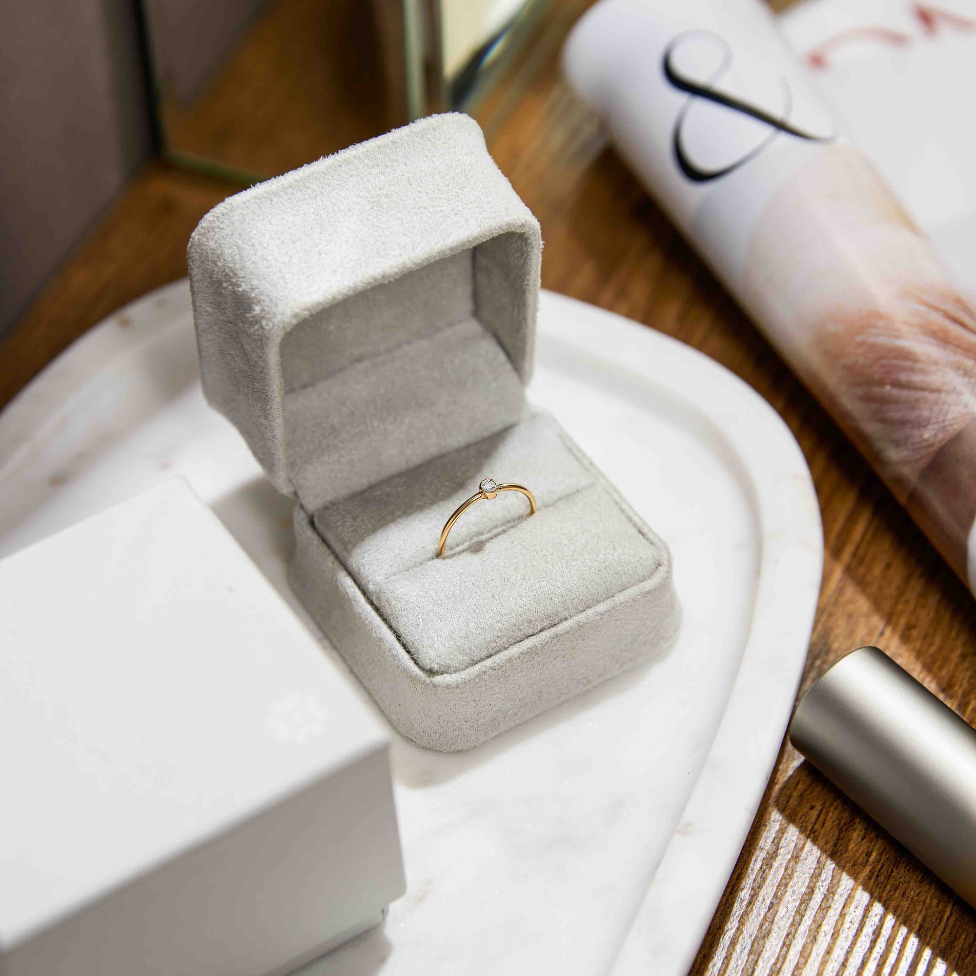 Womens | 14K Solid Yellow Gold | Solitaire Bezel Ring | 0.065 CTW Diamonds
