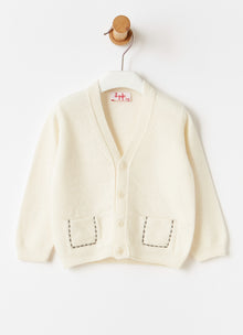 Milk Cardigan with Topstitching Details | Milk/Dark Grey