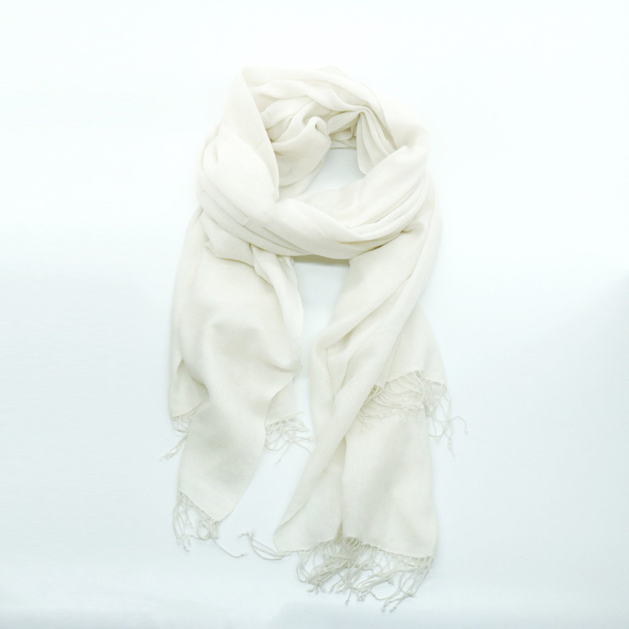 Cashmere Pashmina Scarf With Knotted Fringes | Snow White