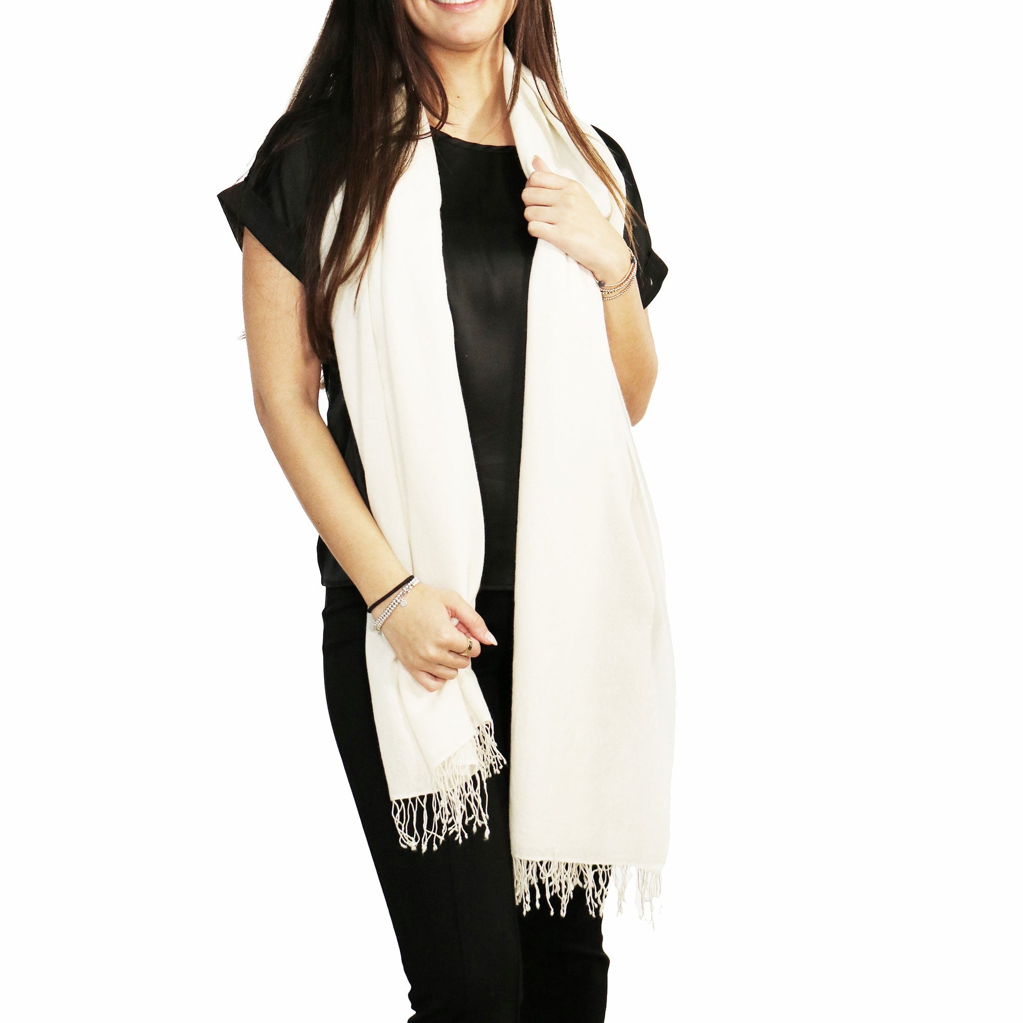 Cashmere Pashmina Scarf With Knotted Fringes | Snow White