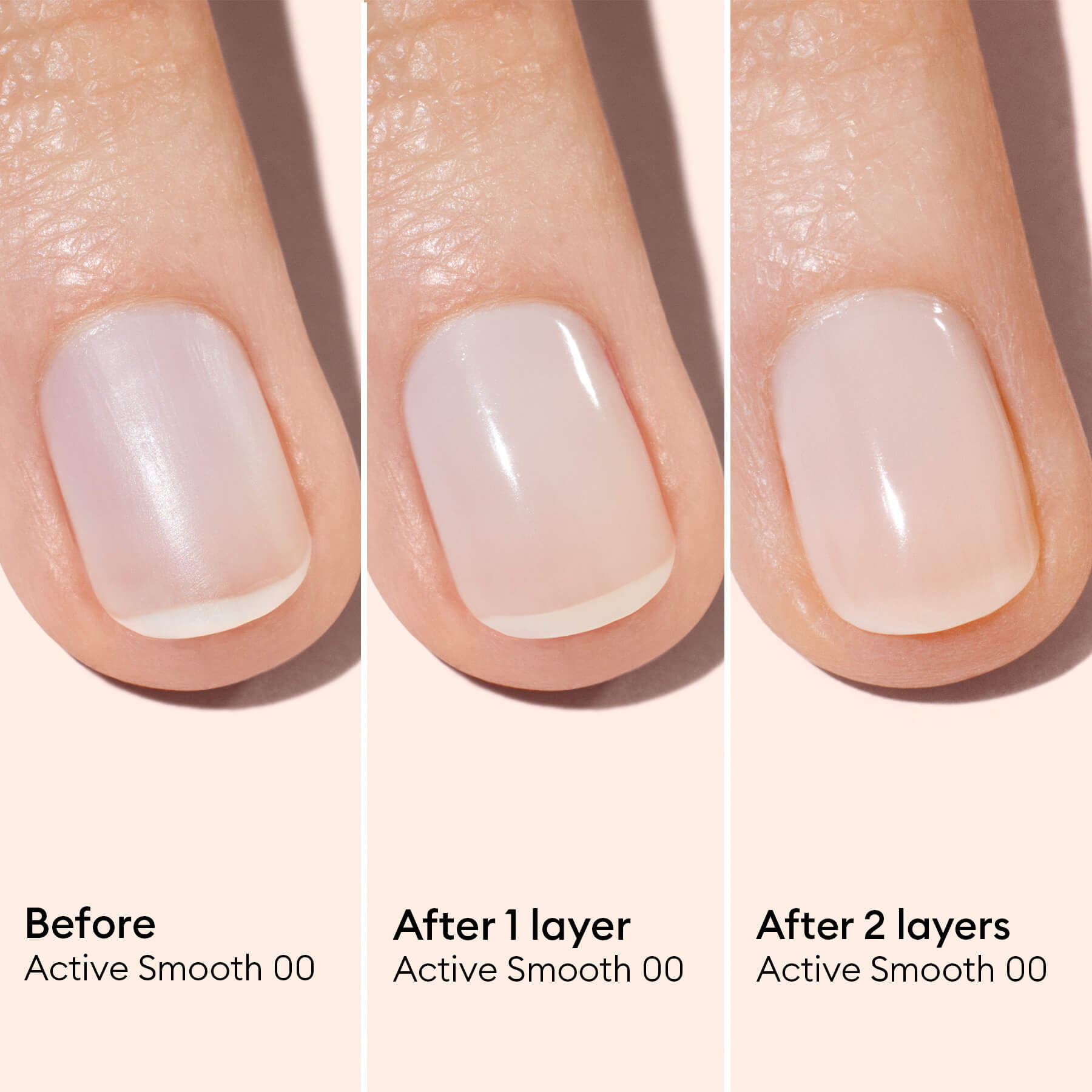 Three close-up images of a fingernail: bare, with one coat, and with two coats of Manucurist Active™ Smooth 00, a sheer plant-based nail polish. The nail becomes progressively smoother and glossier with each layer.
