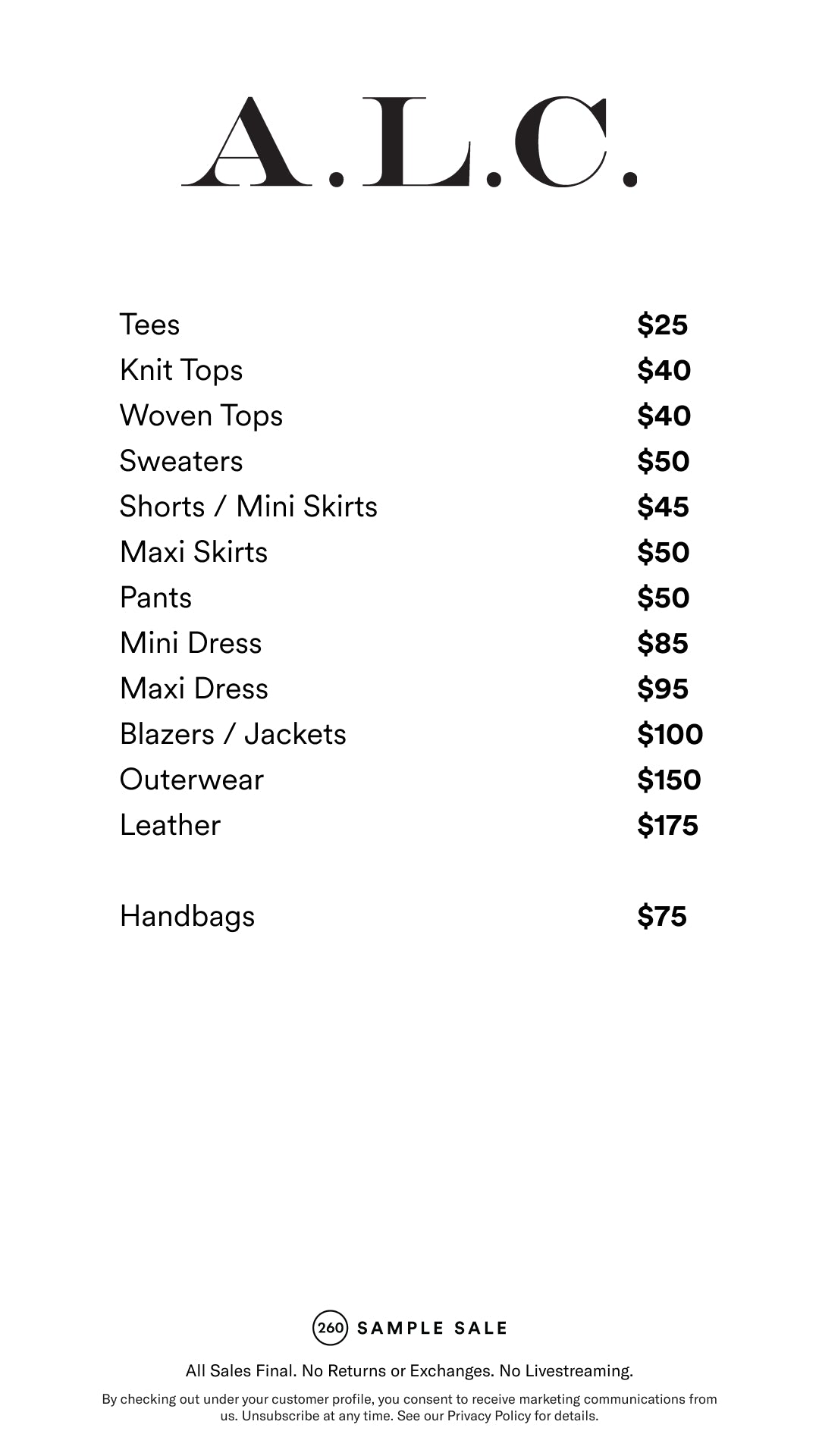 Price table