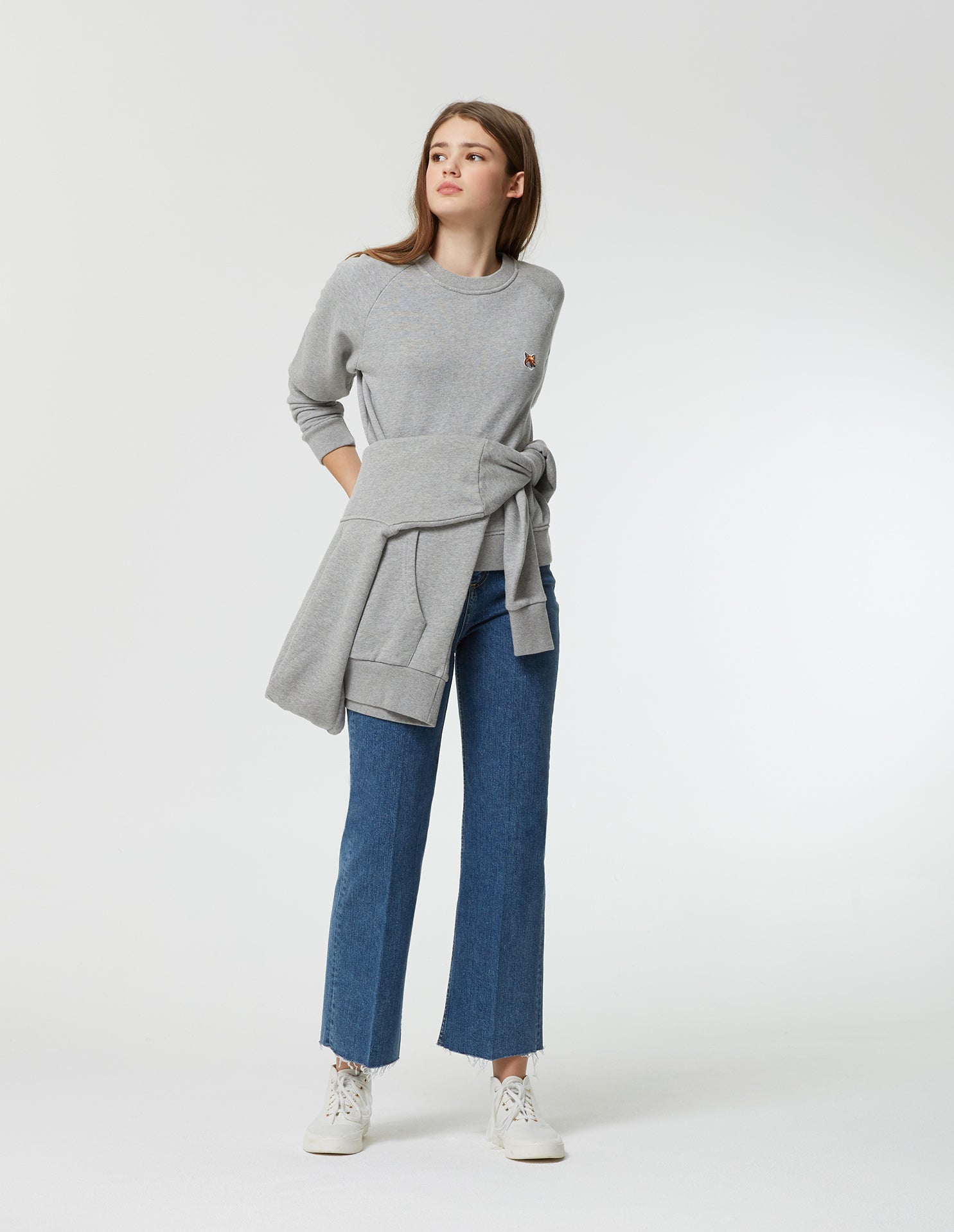 Womens | Ionic Fox Head Patch Adjusted Cotton Fleece Sweatshirt | Grey Melange