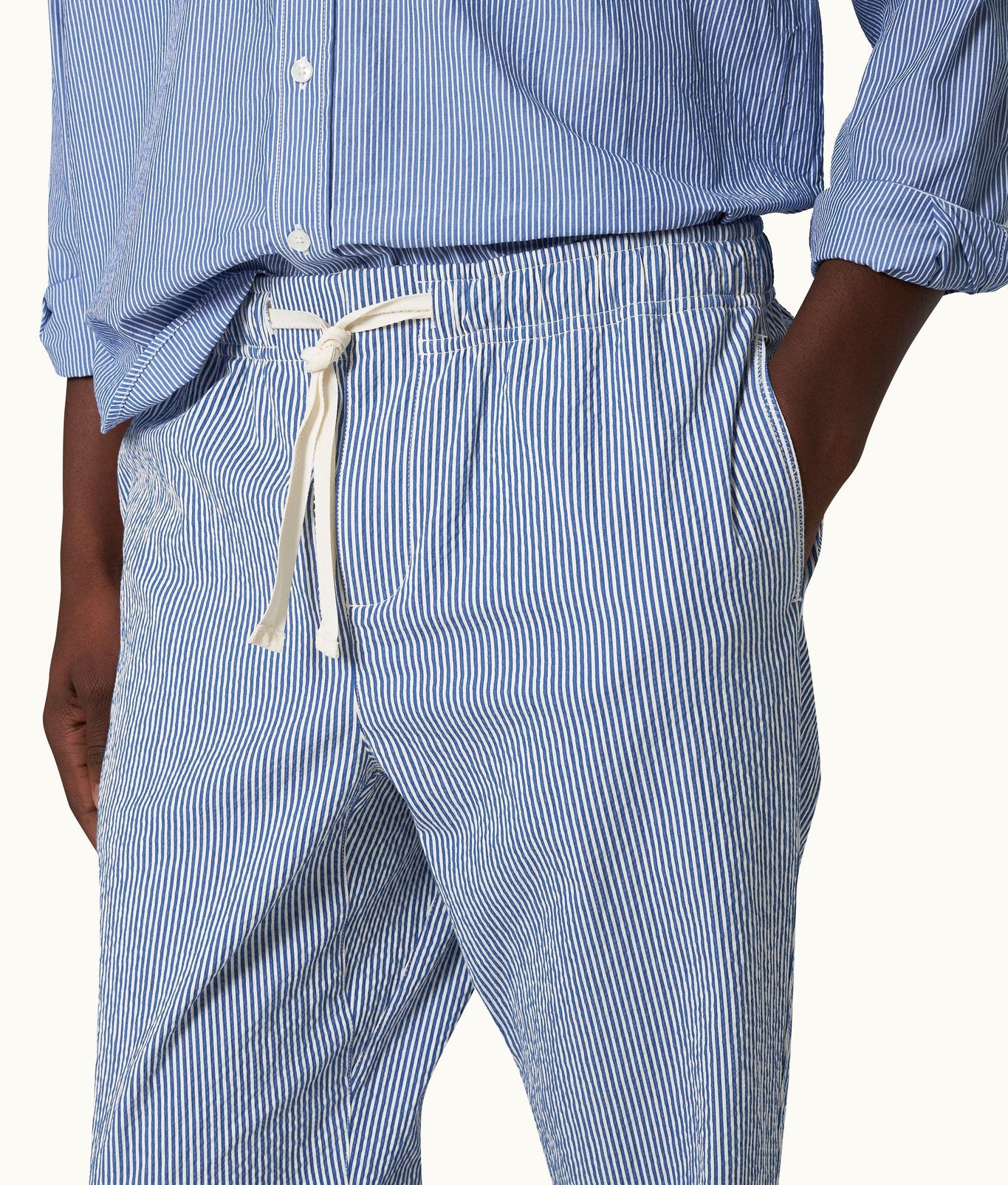 Alex Seersucker Seersucker Relaxed Fit Drawcord Trousers | Blueberry/White Stripe