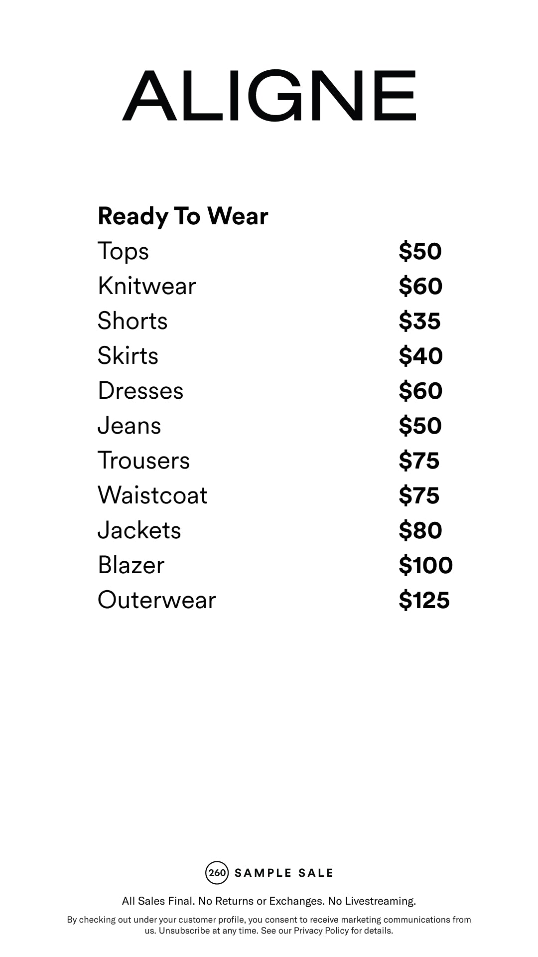 Price table