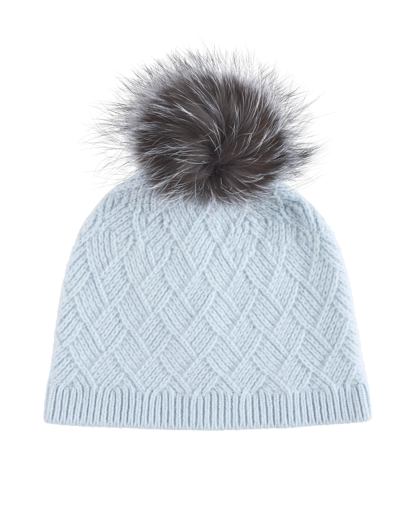 Amicale Cashmere | Women | Cashmere Basketweave Rib Hat W/ Fox Pom | Lt. Blue