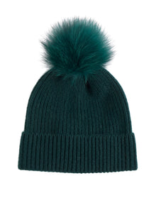 Amicale Cashmere | Women | Cashmere Chunky Rib Knit Hat With Fox Pom | Green