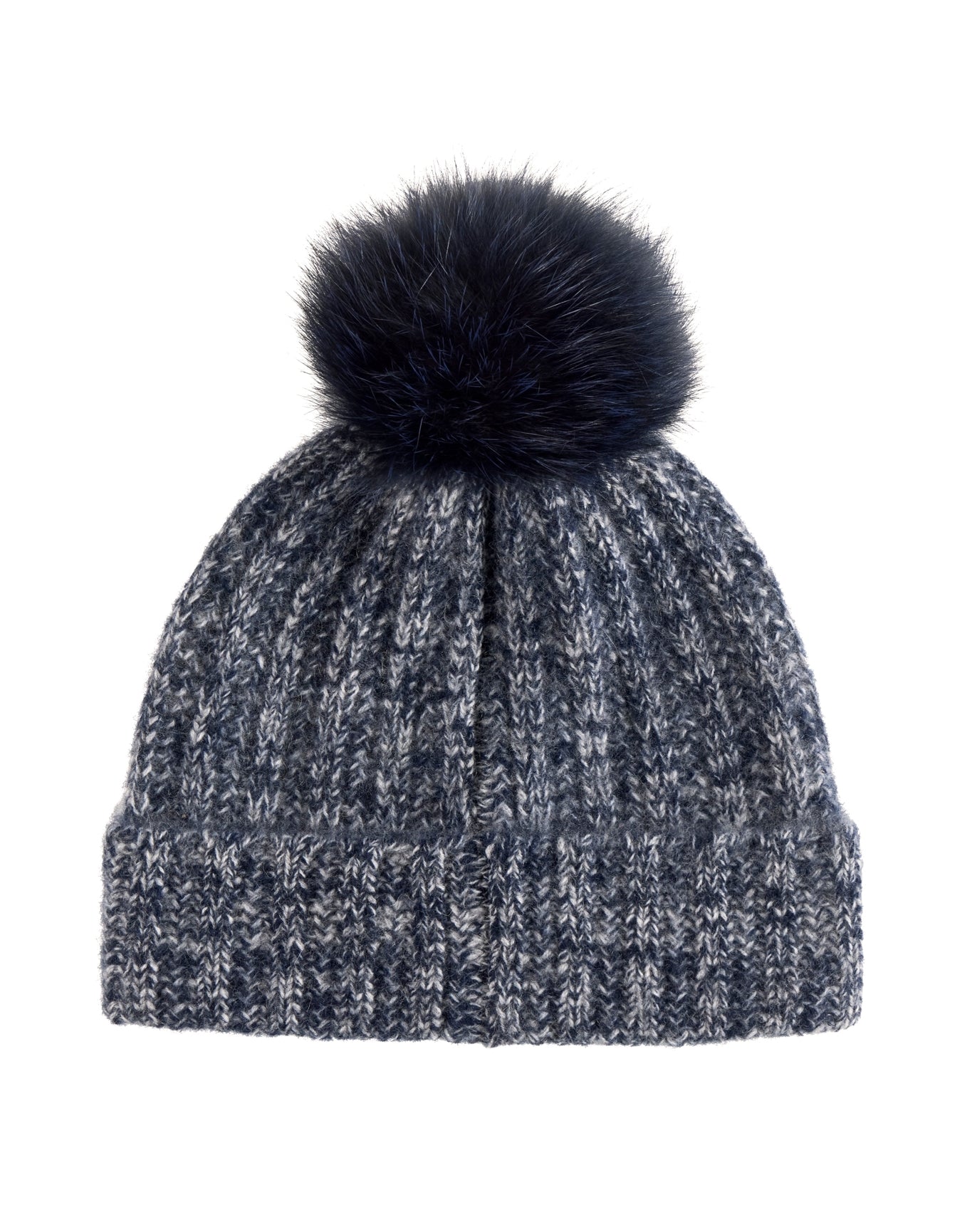 Amicale Cashmere | Women | Cashmere Marl Ladderstitch Fox Pom Hat | Navy
