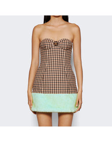 Area | Women | Faux Fur Trim Strapless Mini Dress | Caramel