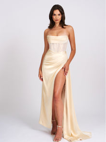 Prisa High Slit Satin Corset Gown | Egg White