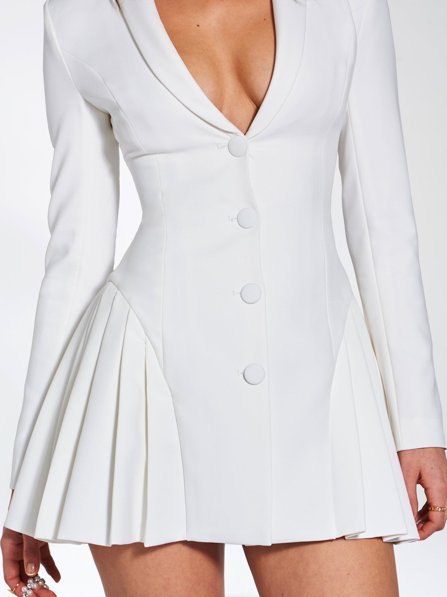 Delia Blazer Dress with Pleated Detail | White