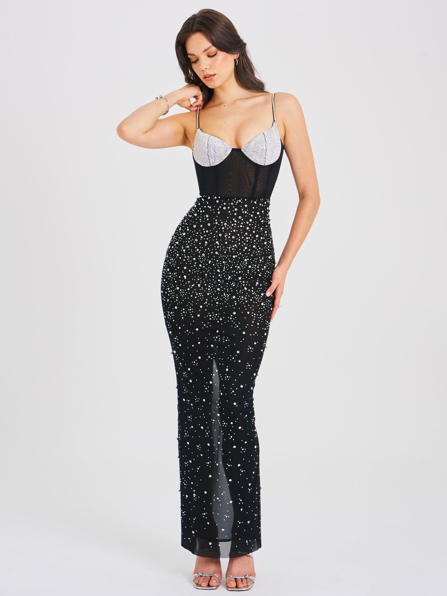Jimena Crystal Embellished Back Slit Maxi Dress | Black/Silver