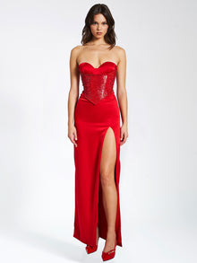 Kadesha Crystal High Slit Satin Corset Gown | Red