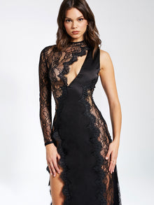 Weslyn Satin Lace High Slit Dress | Black