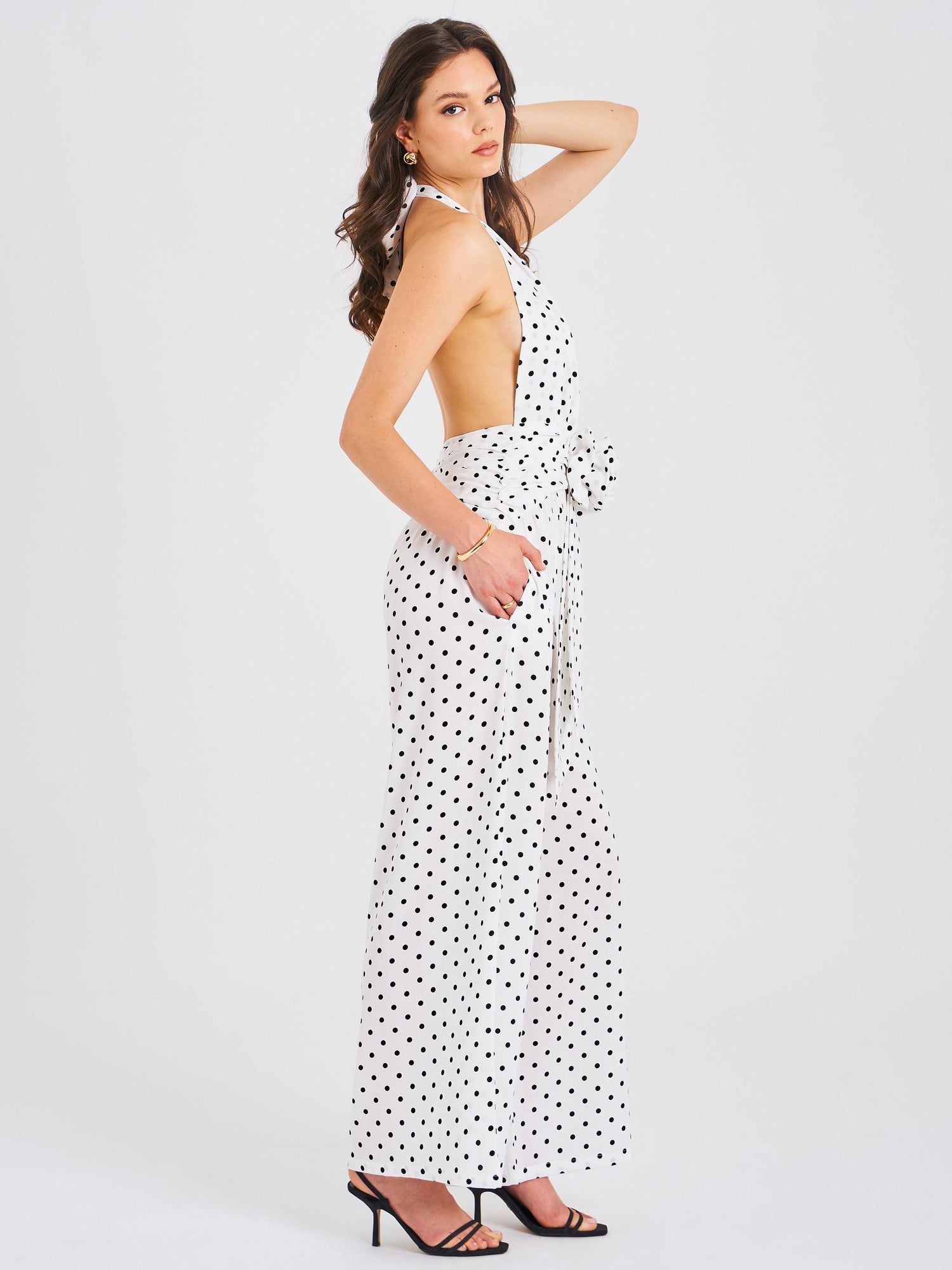 Oriana Halter Jumpsuit | White Polka Dots