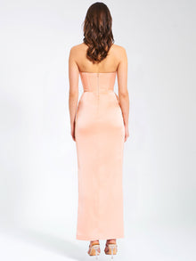 Amelia Satin Corset Slit Gown With Crystal Embellished | Blush