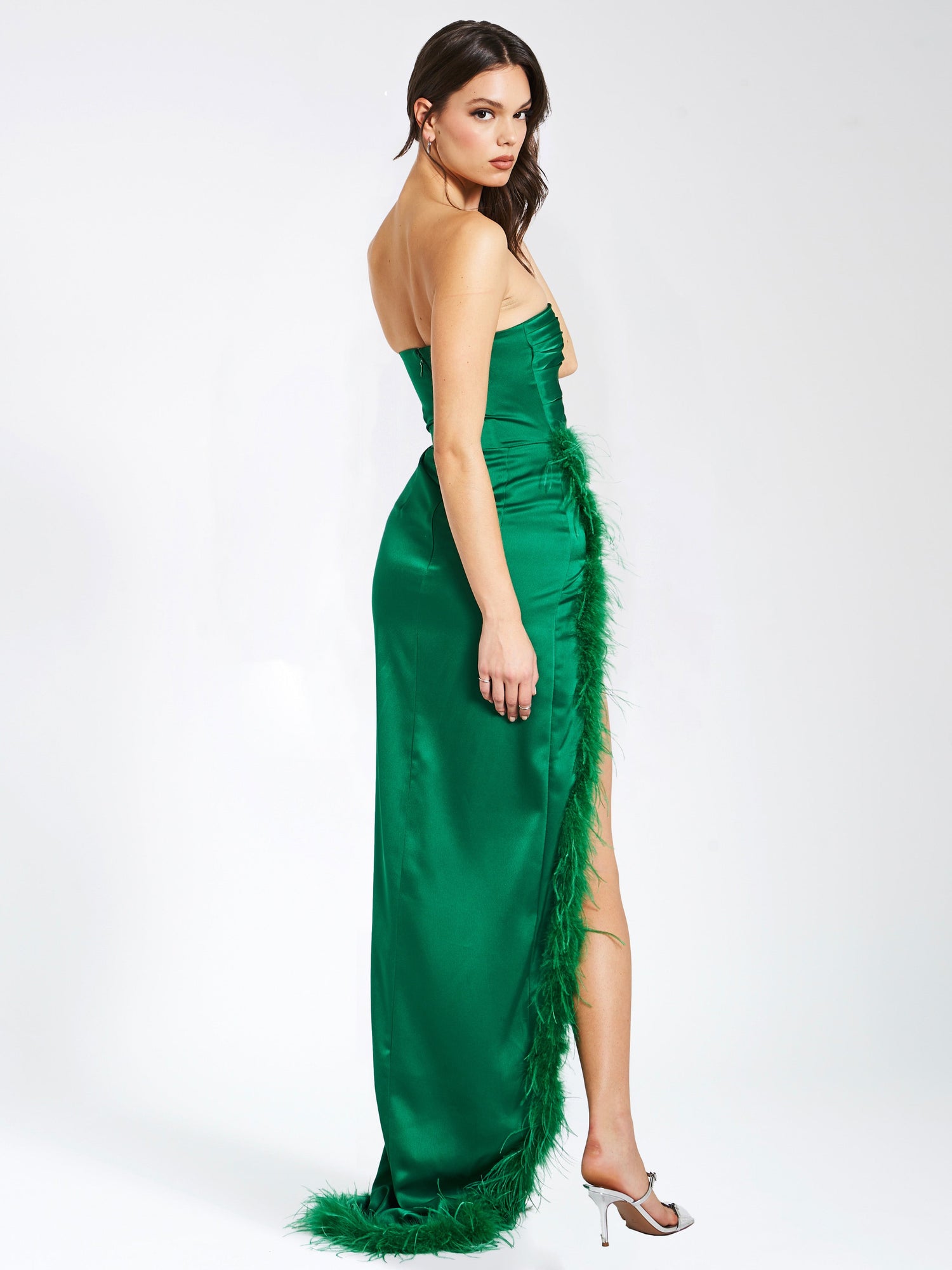 Perrin Feather Dress High Slit Gown | Emerald Green