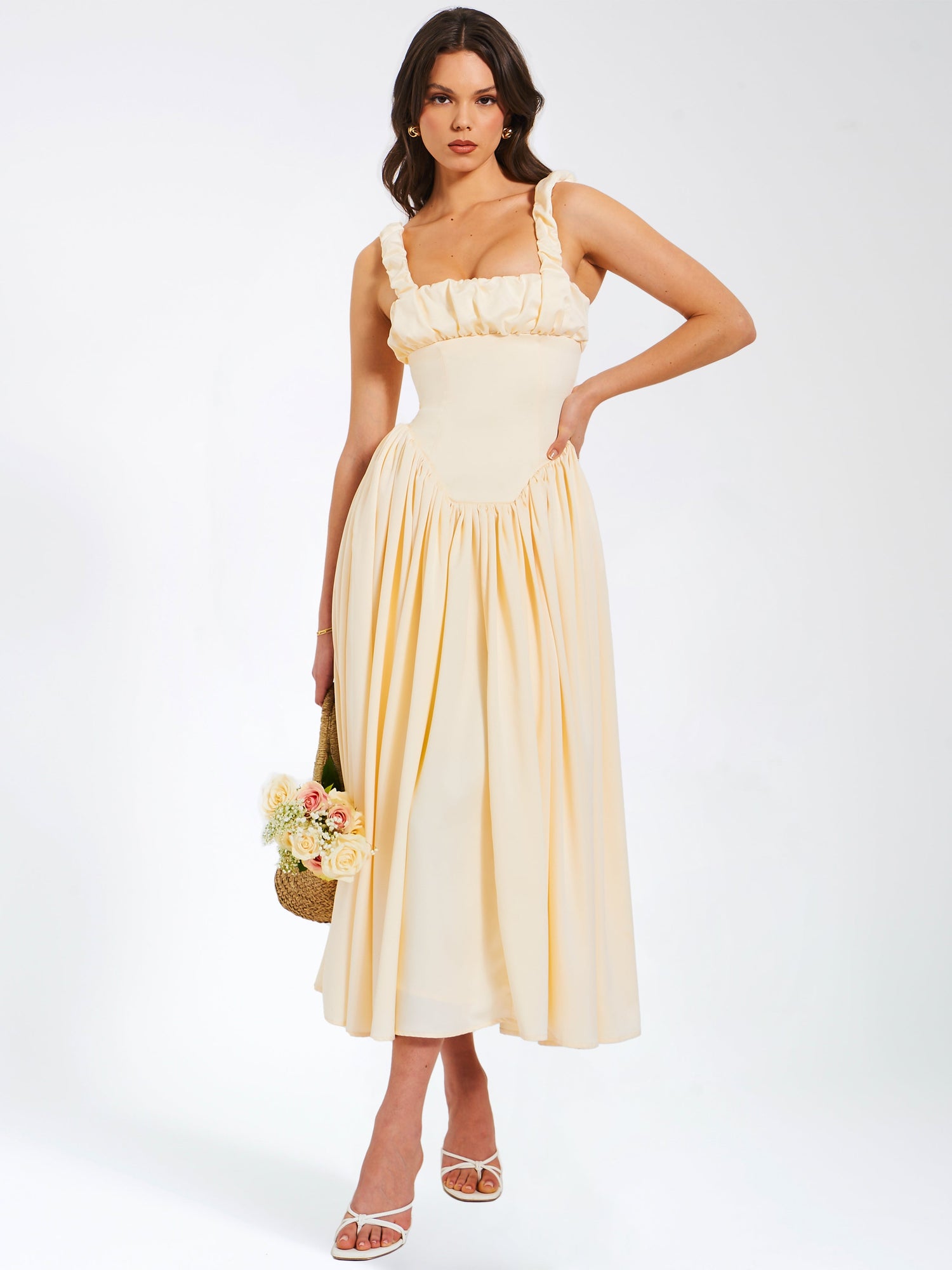 Noreen Satin Drop Waist Maxi Sundress | Egg White