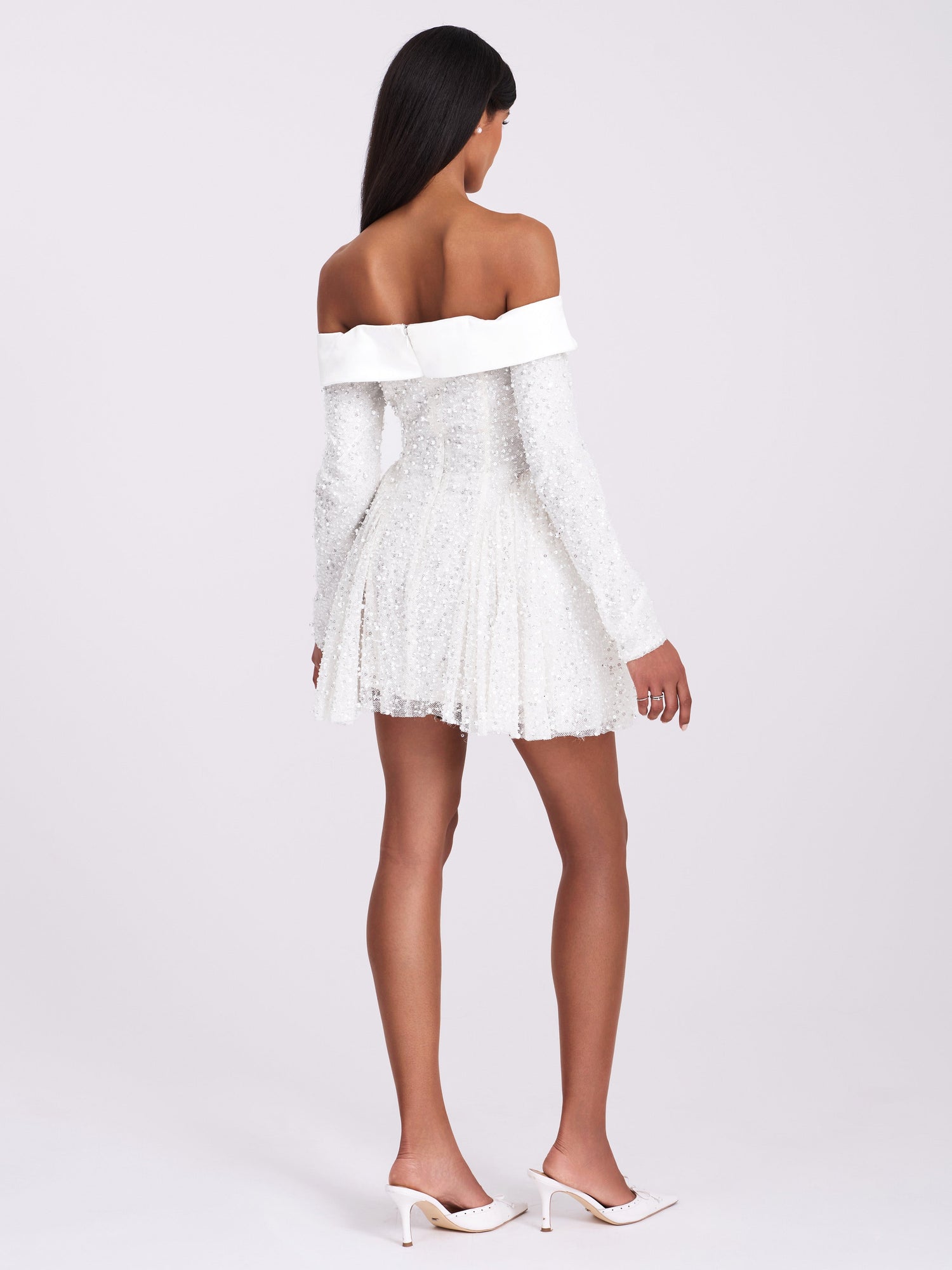 Kira Bead Embroidered Mesh Off Shoulder Long Sleeve Mini Dress | White