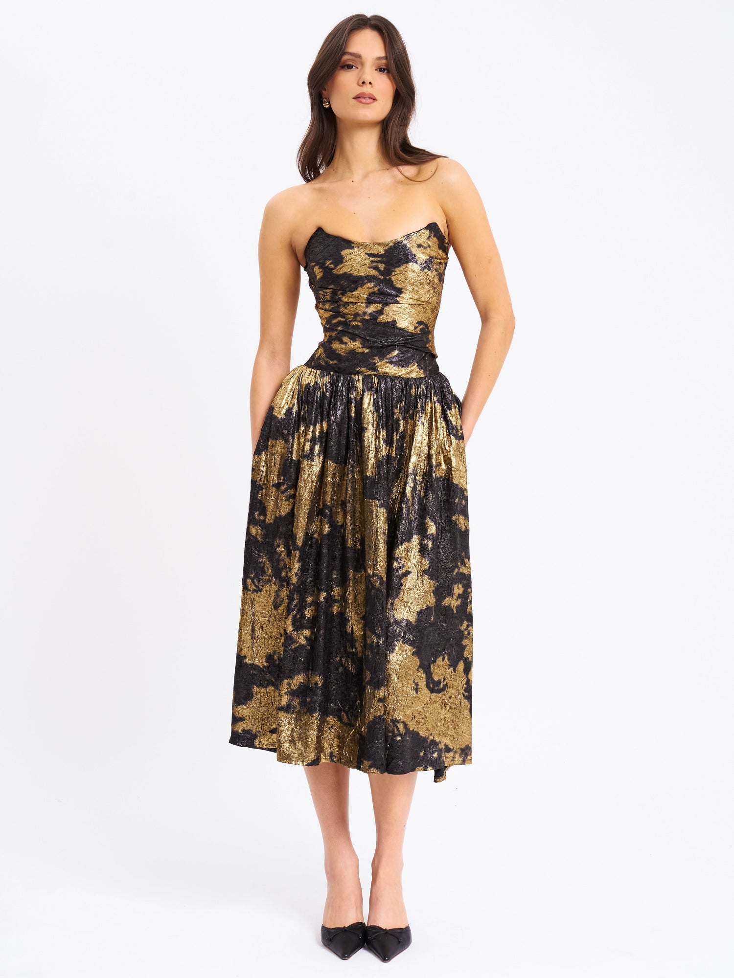 Saanvi Bronzing Strapless Drop Waist Midi Dress | Gold Tie Dye