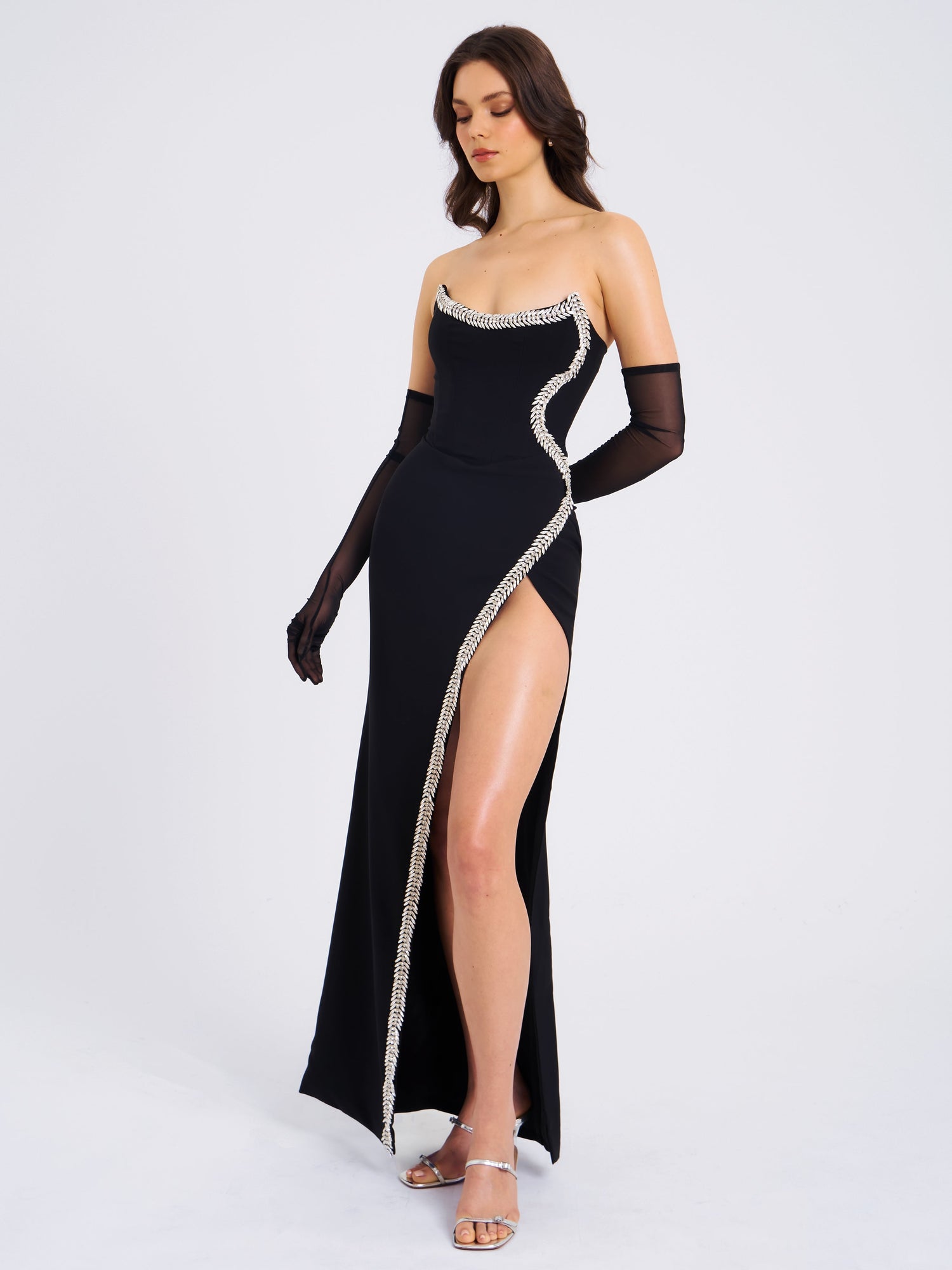 Xoana Crystal Embellished High Slit Gown | Black