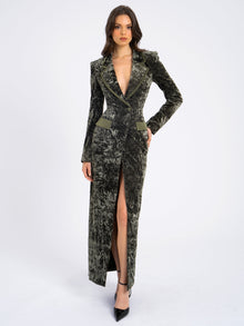 Willow Glossy Velvet High Slit Blazer Gown | Green