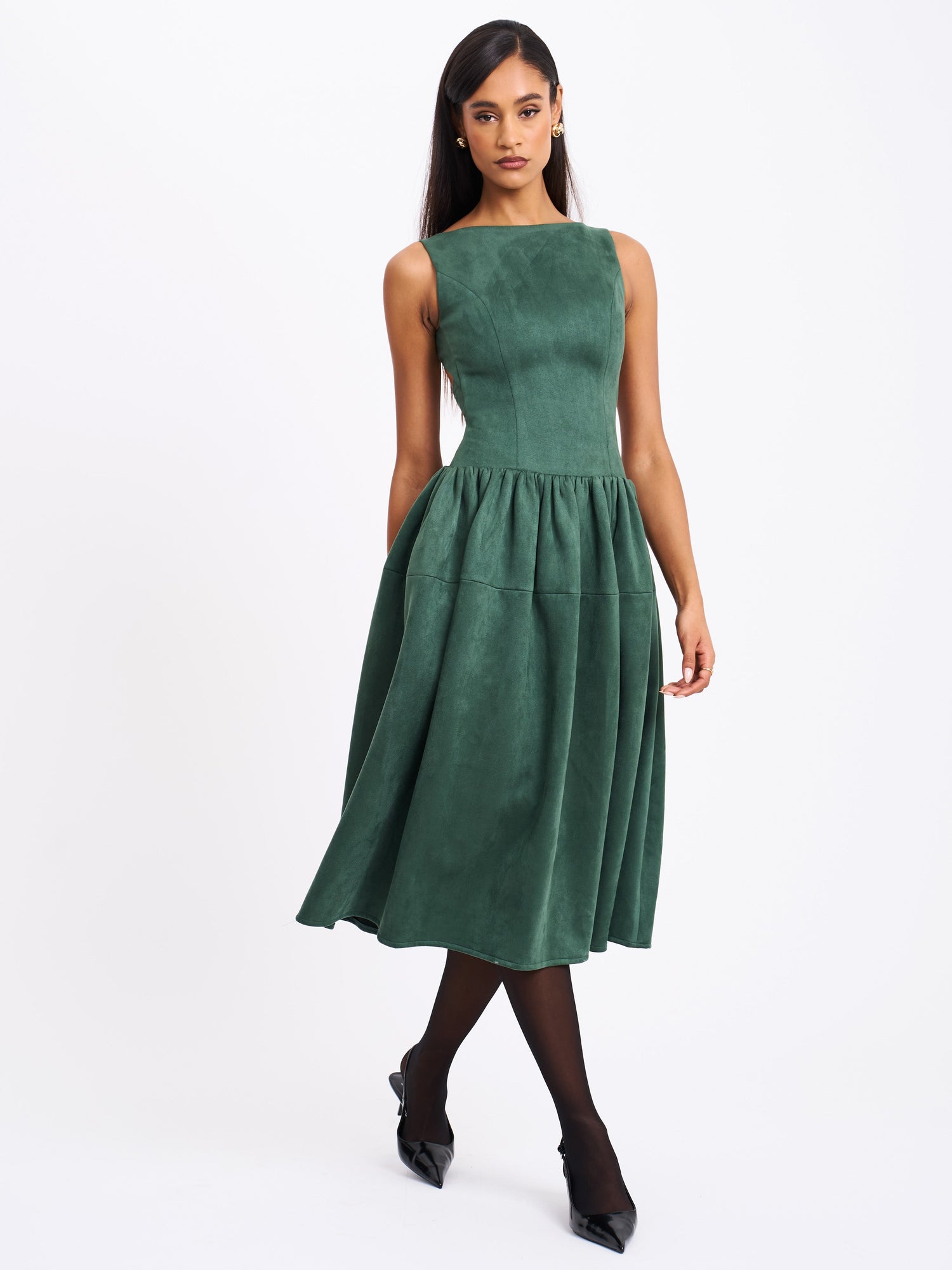 Laila Suede Boat Neck Backless Midi Dress | Green
