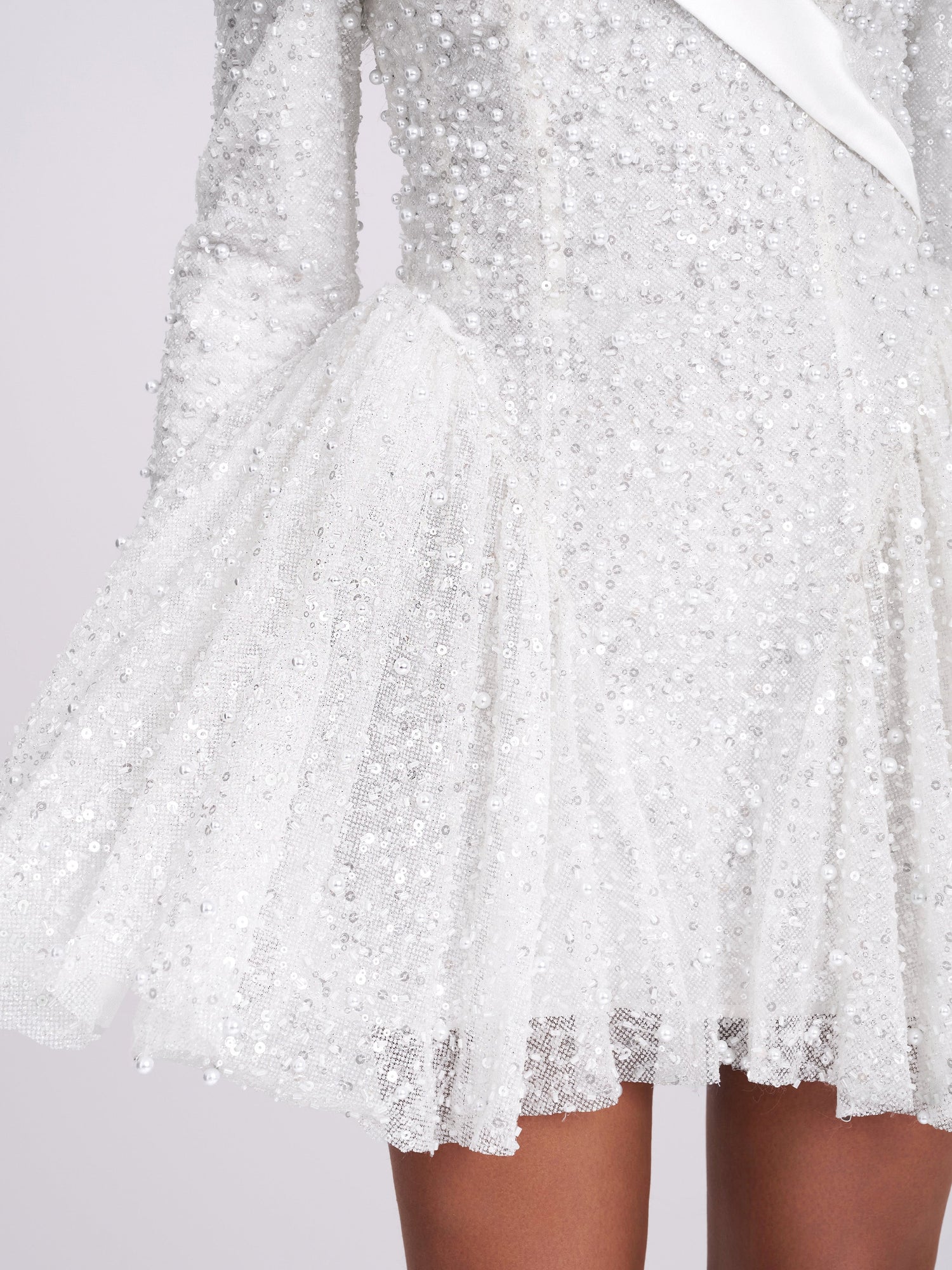 Kira Bead Embroidered Mesh Off Shoulder Long Sleeve Mini Dress | White