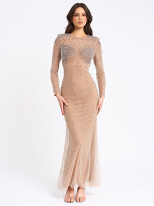 Rita Embroidered Mesh Beaded Mermaid Gown | Silver