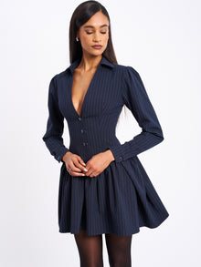 Xabrina Pinstripe Long Sleeve Shirt Mini Dress | Navy Blue