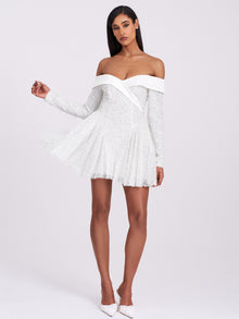 Kira Bead Embroidered Mesh Off Shoulder Long Sleeve Mini Dress | White
