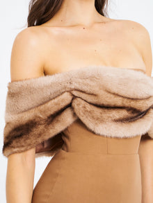 Nadira Off Shoulder Fur Trim Mini Dress | Beige