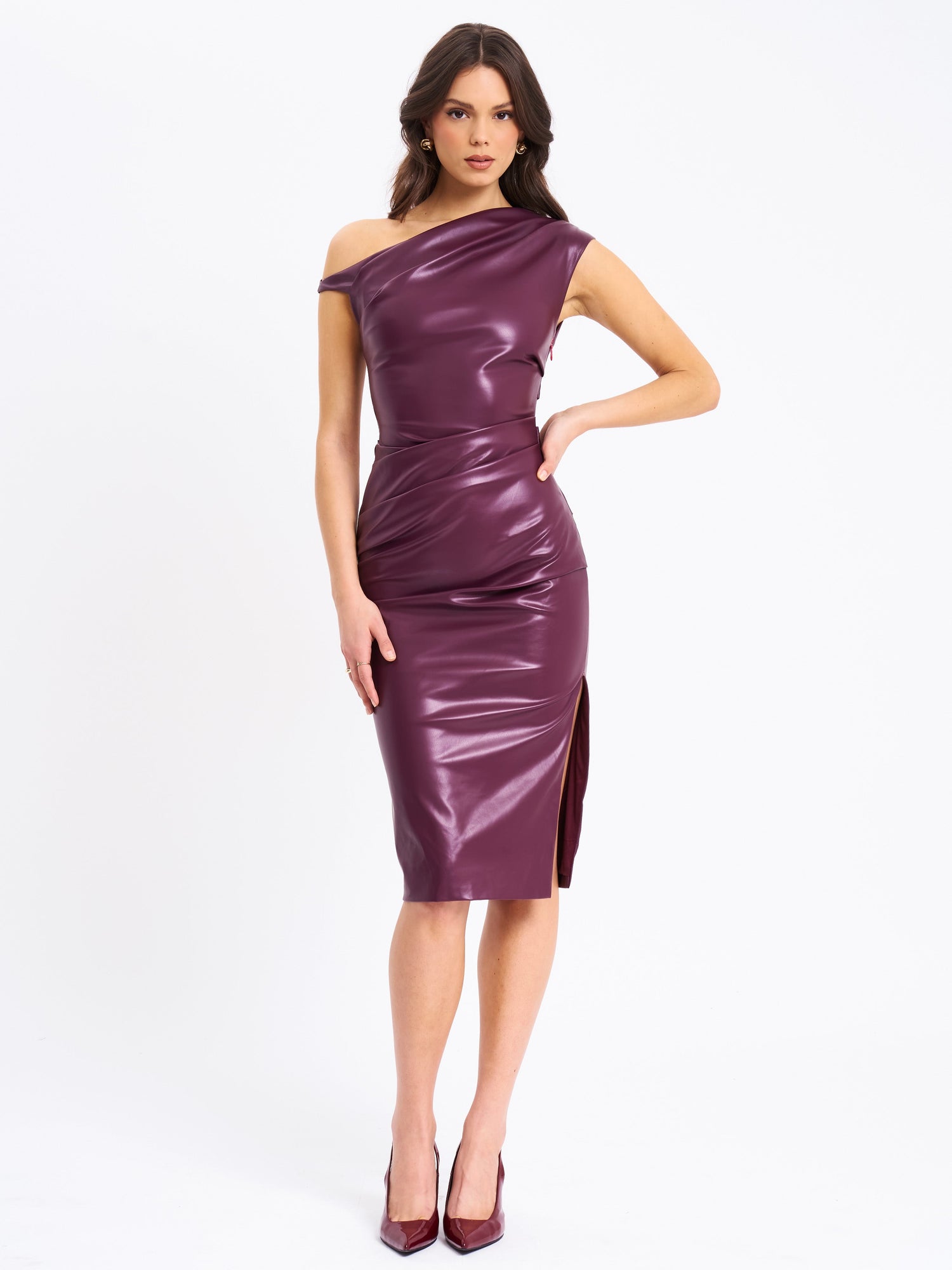 Sabina Leather Slash Neck Midi Dress | Purple