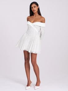 Kira Bead Embroidered Mesh Off Shoulder Long Sleeve Mini Dress | White